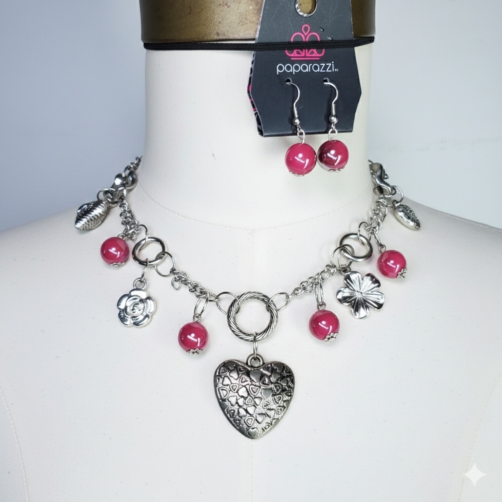 Paparazzi Set 16-18" Necklace Earrings Hearts Flowers Charm Violet Pink Beaded